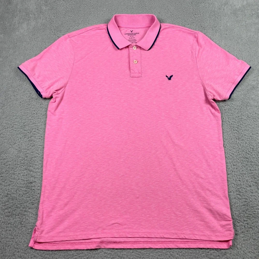 American Eagle Slim Fit Polo Shirt Mens XXL Pink Navy Tipped Slub Cotton Blend‎